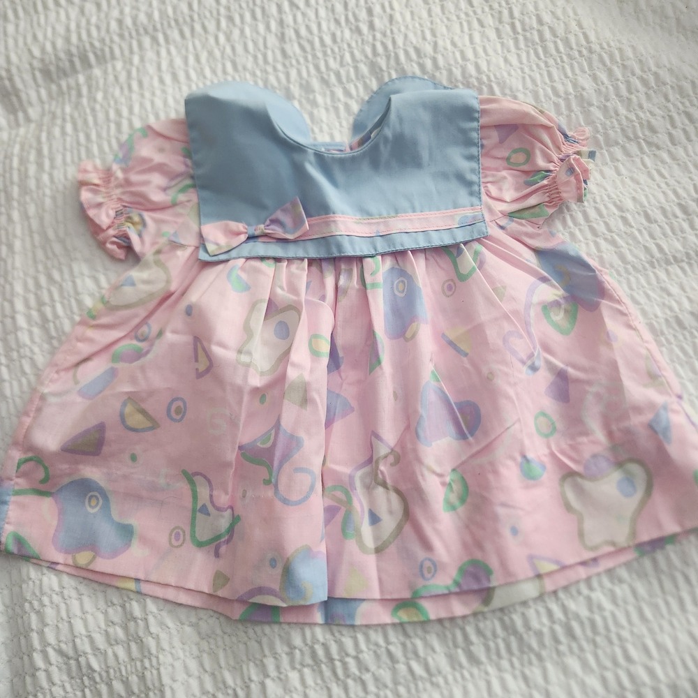 Vintage Eaton Baby Dress Pink Blue Geometric Pastel Bib Collar Made in Canada 12